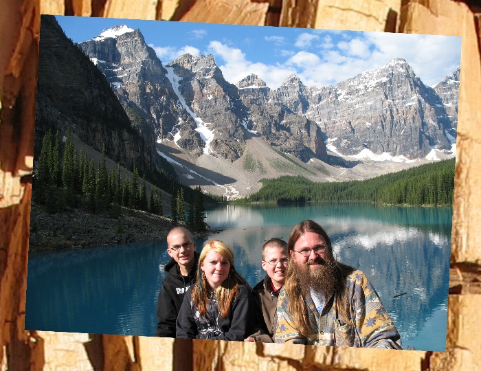 Everyone posing in font of Moraine Lake