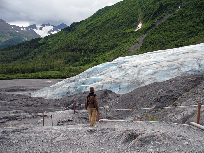 Karl is viewing the glacier from the walkway