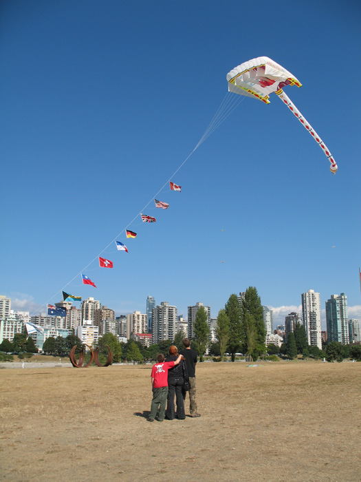 The kids watch a massive kite flying in a park