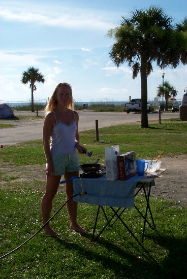 Making breakfast by our campsite