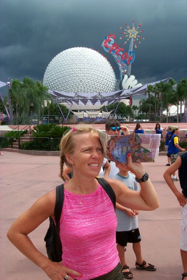 Dark clouds move in over Epcot as we arrive