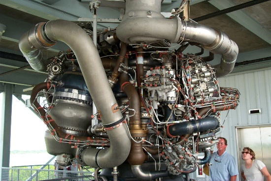 A real rocket engine is mounted in gantry tower